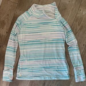 Athleta Women's aqua, purple, and white striped quarter zip pullover, size med.
